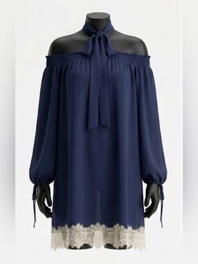 Michael Kors Navy Off-Shoulder Tie-Neck Tunic with Cream Lace Hem